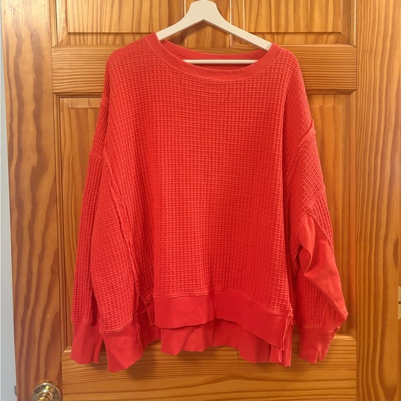 American Eagle Pink Oversized Size Small Waffle Knit Sweatshirt - Picture 2 of 6